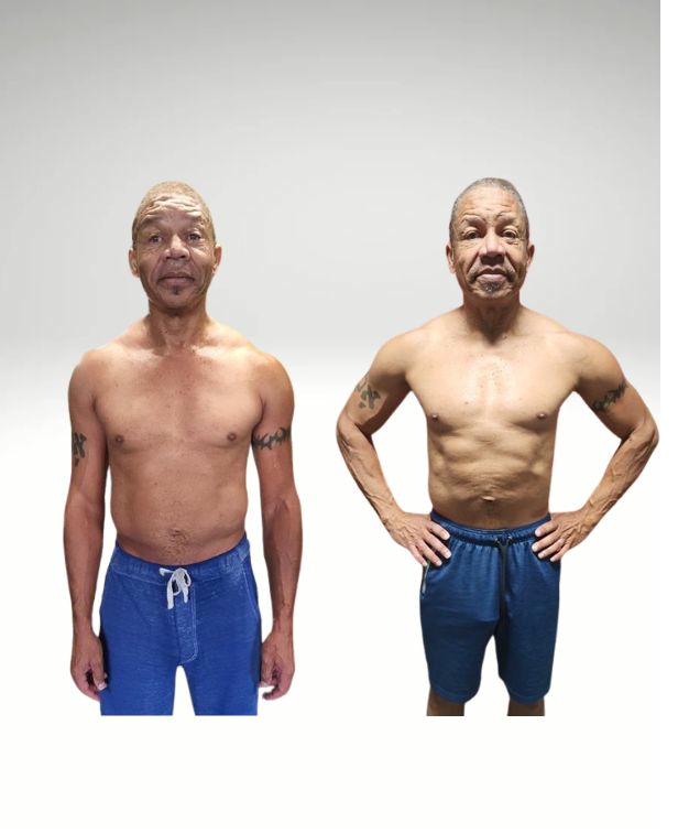Vincent S. body fat transformation — 23 percent to 11 percent at age 60 with fitness over 40 coaching